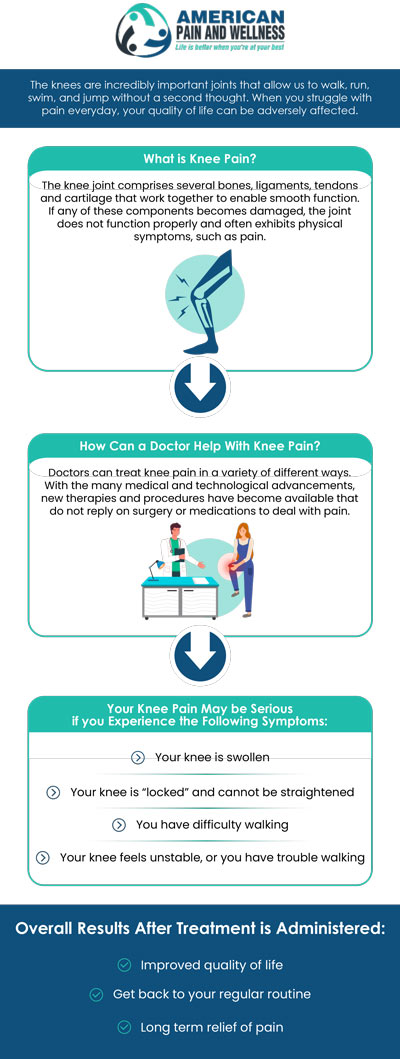 At American Pain and Wellness, our experienced pain specialist in Allen, TX, offers an array of treatment options to help you relieve your knee pain symptoms including swelling and stiffness, crunching noises, and inability to straighten the knee. For more information, contact us or schedule an appointment online. We are conveniently located at 1101 Raintree Circle #240 Allen, Texas 75013. At American Pain and Wellness, our experienced pain specialist in Allen, TX, offers an array of treatment options to help you relieve your knee pain symptoms including swelling and stiffness, crunching noises, and inability to straighten the knee. For more information, contact us or schedule an appointment online. We are conveniently located at 1101 Raintree Circle #240 Allen, Texas 75013.