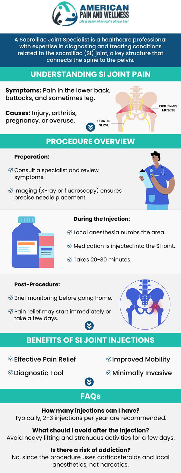 Our compassionate professionals are experienced in treating sacroiliac joint pain. Continue reading to learn about how visiting a specialist at American Pain and Wellness can help reduce pain and greatly improve your quality of life. For more information, contact us or schedule an appointment online. We are conveniently located at 1101 Raintree Circle #240 Allen, Texas 75013.