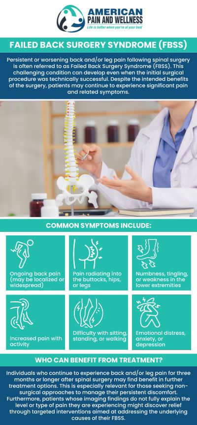 After back surgery, some individuals may continue to feel discomfort following a thorough evaluation and effective treatment. This ongoing discomfort or symptomology is known as a failed back syndrome, which might make it difficult for you to carry out regular activities. At American Pain and Wellness, our doctor, Dr. Steven L. Remer, M.D., can help you to manage your pain. For more information, contact us or schedule an appointment online. We are conveniently located at 1101 Raintree Circle #240 Allen, Texas 75013. After back surgery, some individuals may continue to feel discomfort following a thorough evaluation and effective treatment. This ongoing discomfort or symptomology is known as a failed back syndrome, which might make it difficult for you to carry out regular activities. At American Pain and Wellness, our doctor, Dr. Steven L. Remer, M.D., can help you to manage your pain. For more information, contact us or schedule an appointment online. We are conveniently located at 1101 Raintree Circle #240 Allen, Texas 75013.